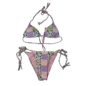 Betty Jade Swim - Triangle Halter Matching Set Bikini in Patchwork Paisley Pink